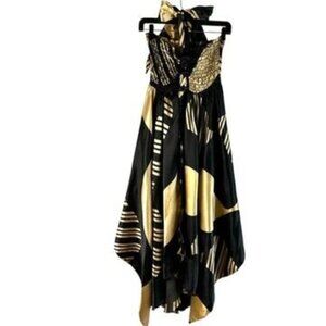 Vintage Black & Gold Halter Maxi Dress With Asymmetrical Hem Size S